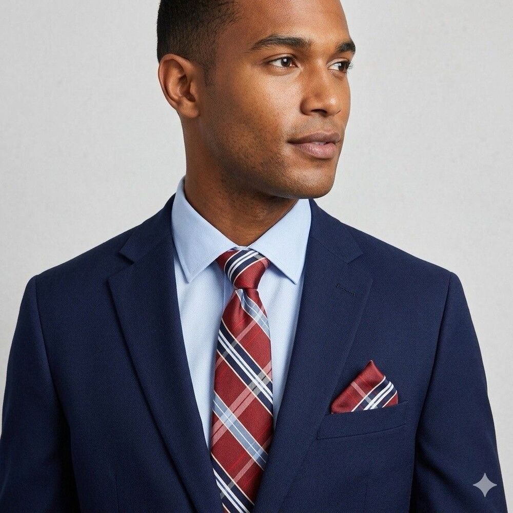 Nautica Men's Tie & Pocket Square Set Red Navy Blue Plaid NWT